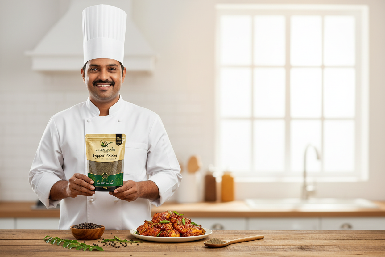 Green Spoon – Chef Proudly Presenting Pepper Powder Banner